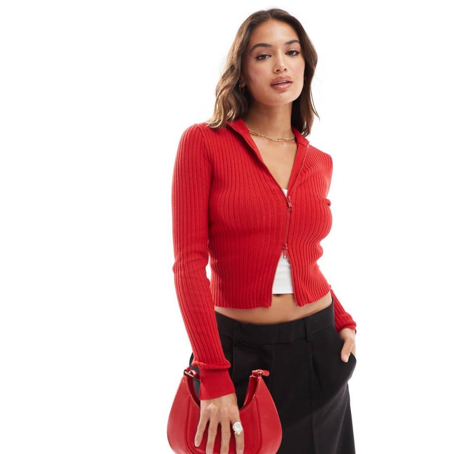 Cotton On Geribbeld vest met dubbele rits en kraagje in kersenrood Rood