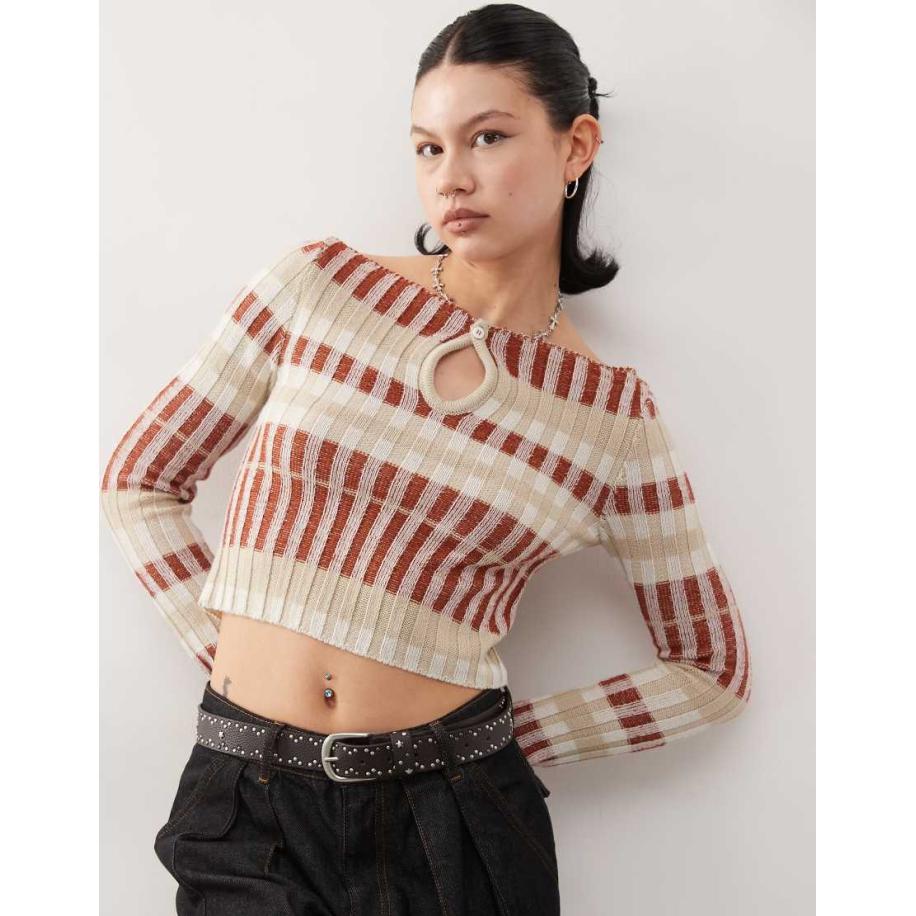 COLLUSION Gebreide gestreepte top met uitsnijding in rood Rood