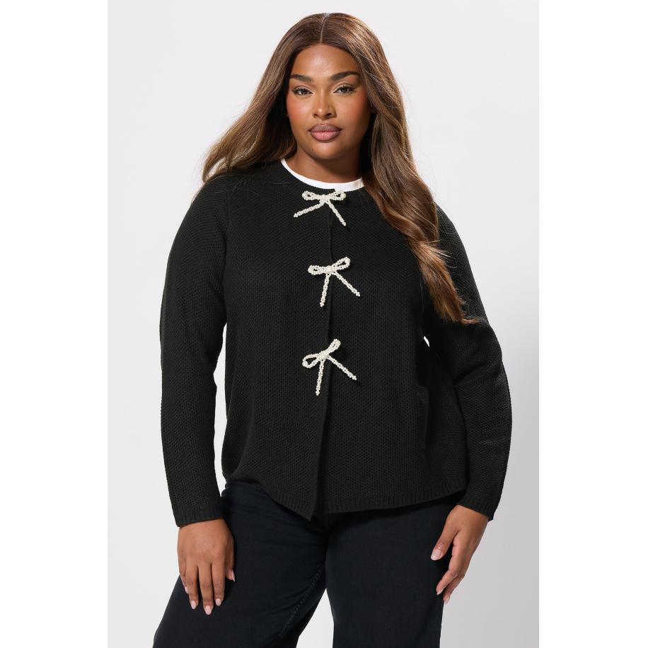 Yours Curve Zwarte Parel Strik Voorkant Cardigan Size 50-52 Zwart