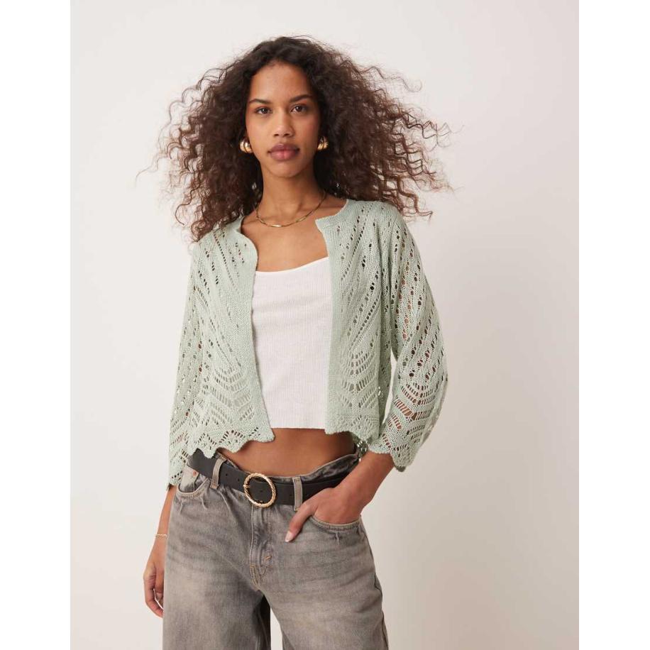 JDY Cropped vest met broderie en 3/4 mouwen in licht saliegroen Groen