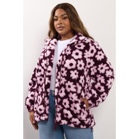 Yours Curve Bordeauxrode Bloemen Fleecejack Met Rits Size 54-56