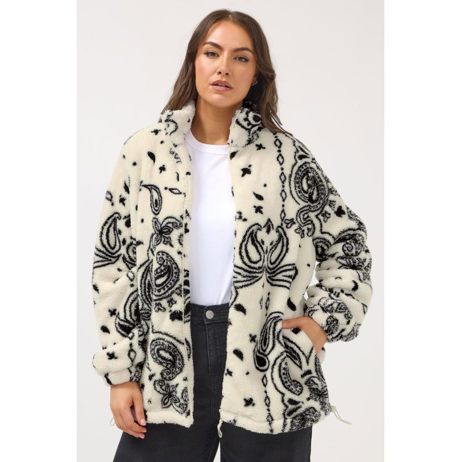 Yours Plus Size Ivory White Paisley Zip Though Fleece Jacket Size 58-60 Wit