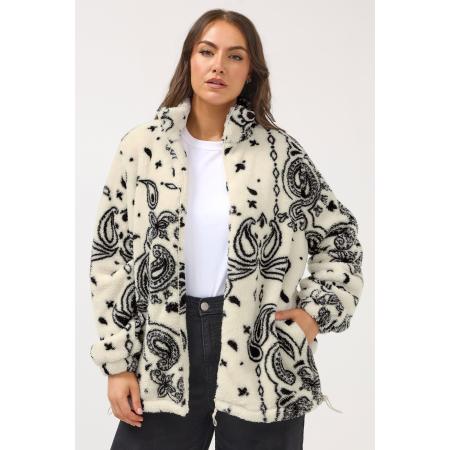Yours Plus Size Ivory White Paisley Zip Though Fleece Jacket Size 58-60