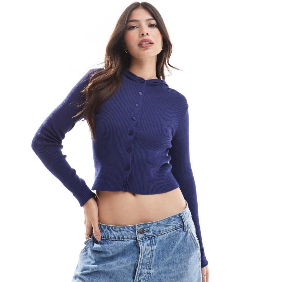 Wednesday's Girl Gebreid vest met capuchon en knoopsluiting in marineblauw Blauw