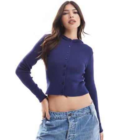 Wednesday's Girl Gebreid vest met capuchon en knoopsluiting in marineblauw