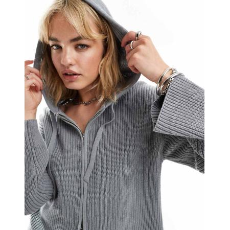 Monki Geribbeld gebreid vest met ritssluiting en capuchon in gemêleerd grijs