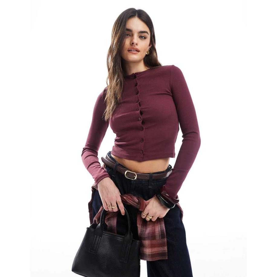 Miss Selfridge Geribbeld vest met knoopsluiting en ronde hals in bordeauxrood Rood