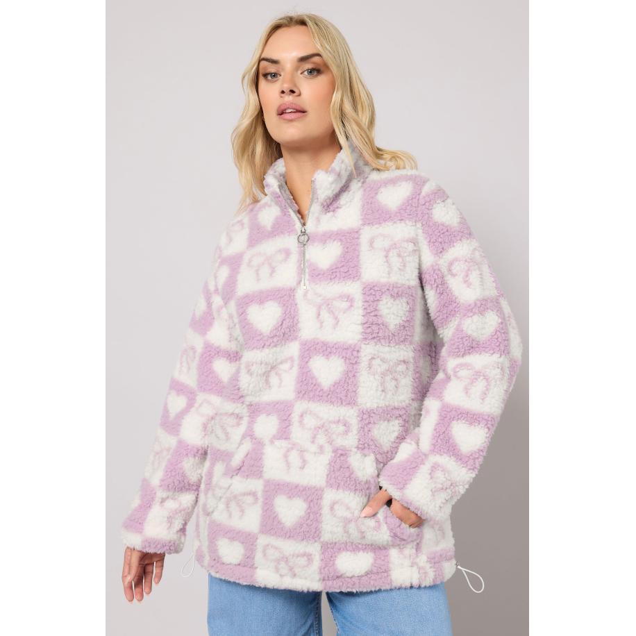 Yours Curve Roze Geruite Fleecejas Met Kwartrits Size 62-64 Roze