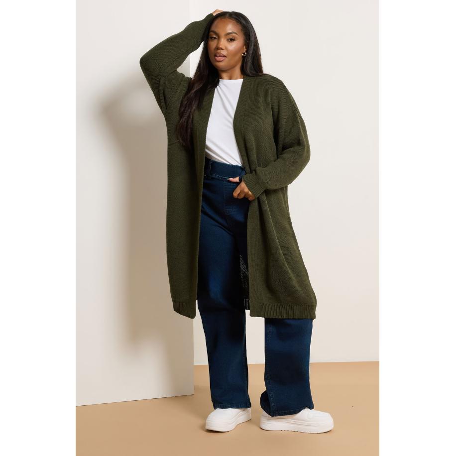 Yours Curve Khaki Groen Gebreid Midi Cardigan Size 54-56 Groen