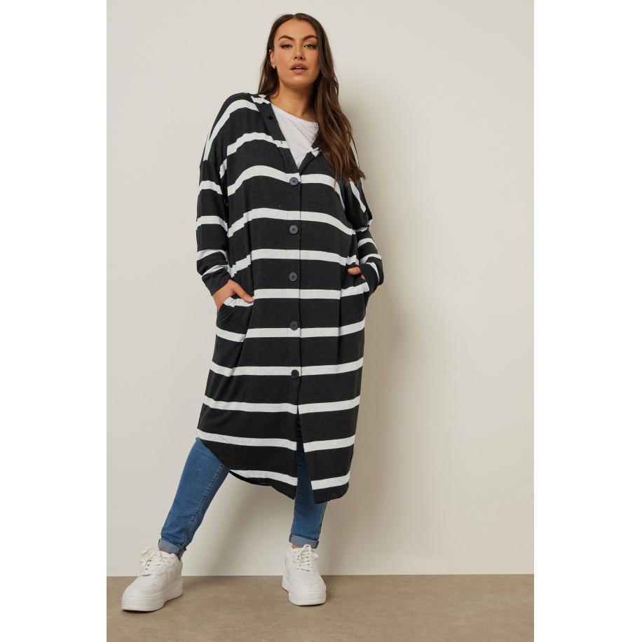 Yours Curve Zwarte Gestreepte Maxi Cardigan Met Capuchon Size 58-60 Zwart