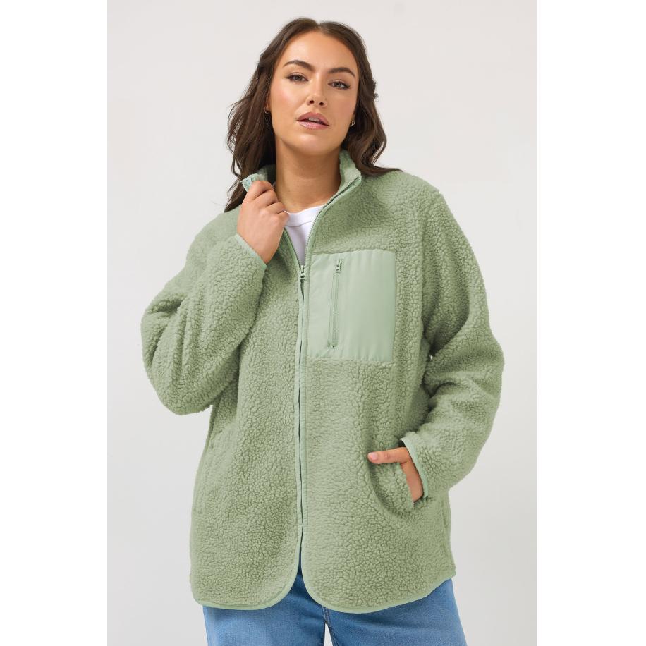 Yours Plus Size Sage Green Pocket Teddy Fleece Jacket Size 58-60 Groen