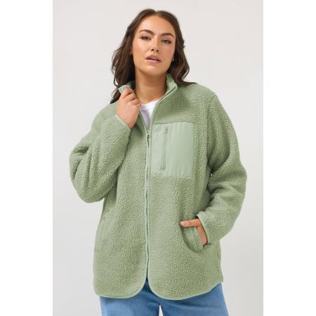 Yours Plus Size Sage Green Pocket Teddy Fleece Jacket Size 58-60