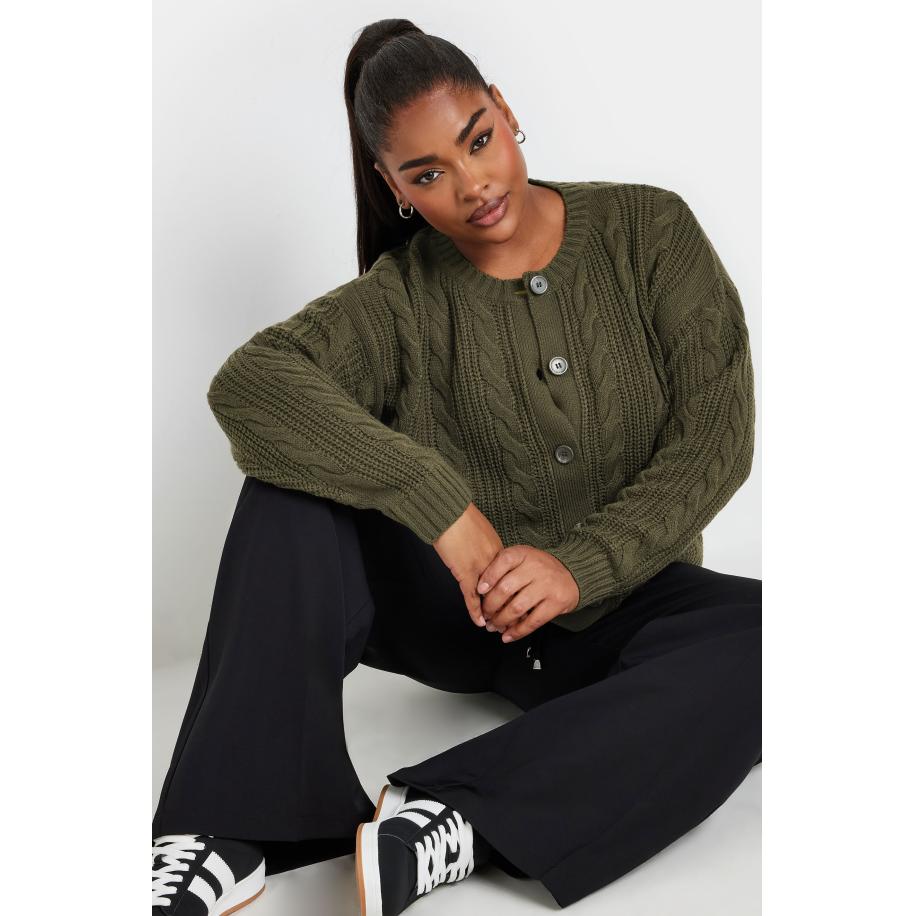 Yours Kort Kabelgebreid Vest Met Knopen In Kakigroen Size 58-60 Groen