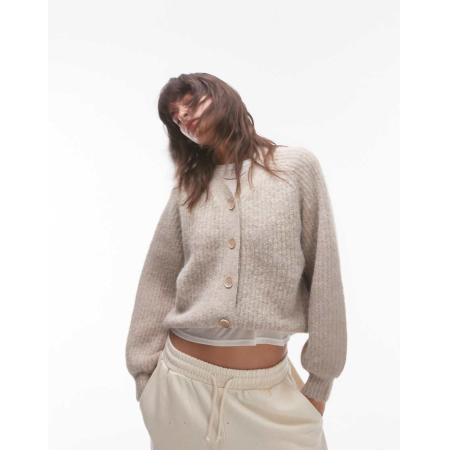 Topshop Pluizig gebreid vest met hoge V-hals in lichtbeige-Neutraal