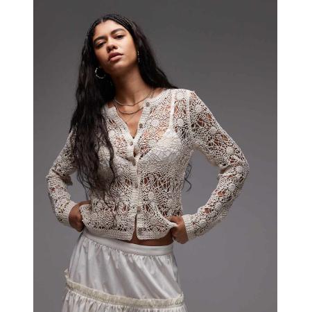 Topshop Gehaakt vest met bloemenpatroon en ronde hals in naturel-Neutraal