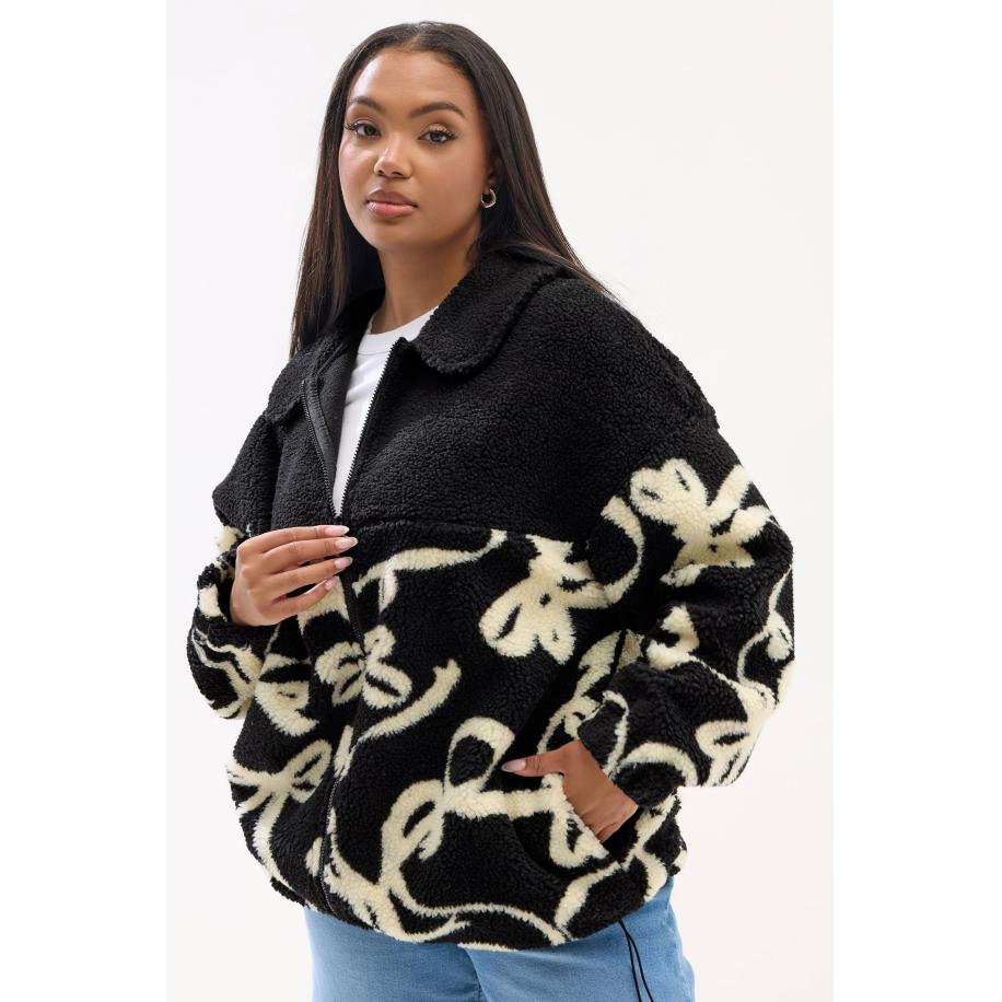 Yours Zwarte Teddyfleecejack Met Abstracte Print Size 62-64 Zwart