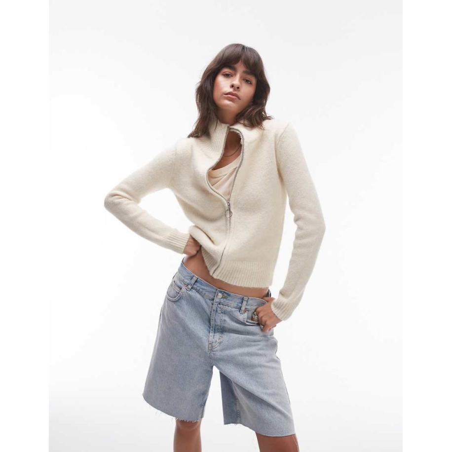 Topshop Pluizig gebreid vest met rits in crème-Wit Wit