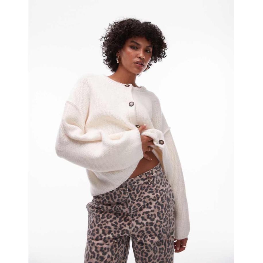 Topshop Ruimvallend gebreid vest met zichtbare naden en ronde hals in crème-Neutraal Multicolor