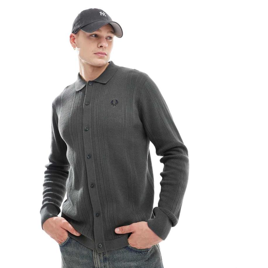 Fred Perry - Ajourgebreid overhemd met lange mouwen en panelen in donkergroen Groen