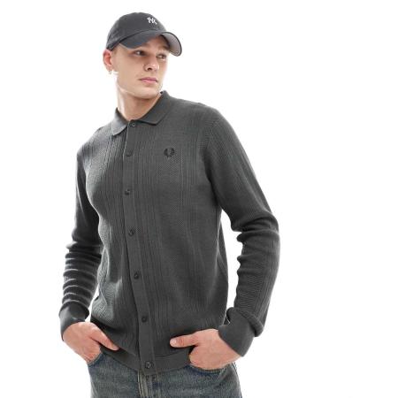 Fred Perry - Ajourgebreid overhemd met lange mouwen en panelen in donkergroen