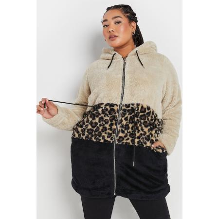 Yours Lang Fleecejack Met Kleurblokontwerp En Luipaardprint In Beige Size 54-56