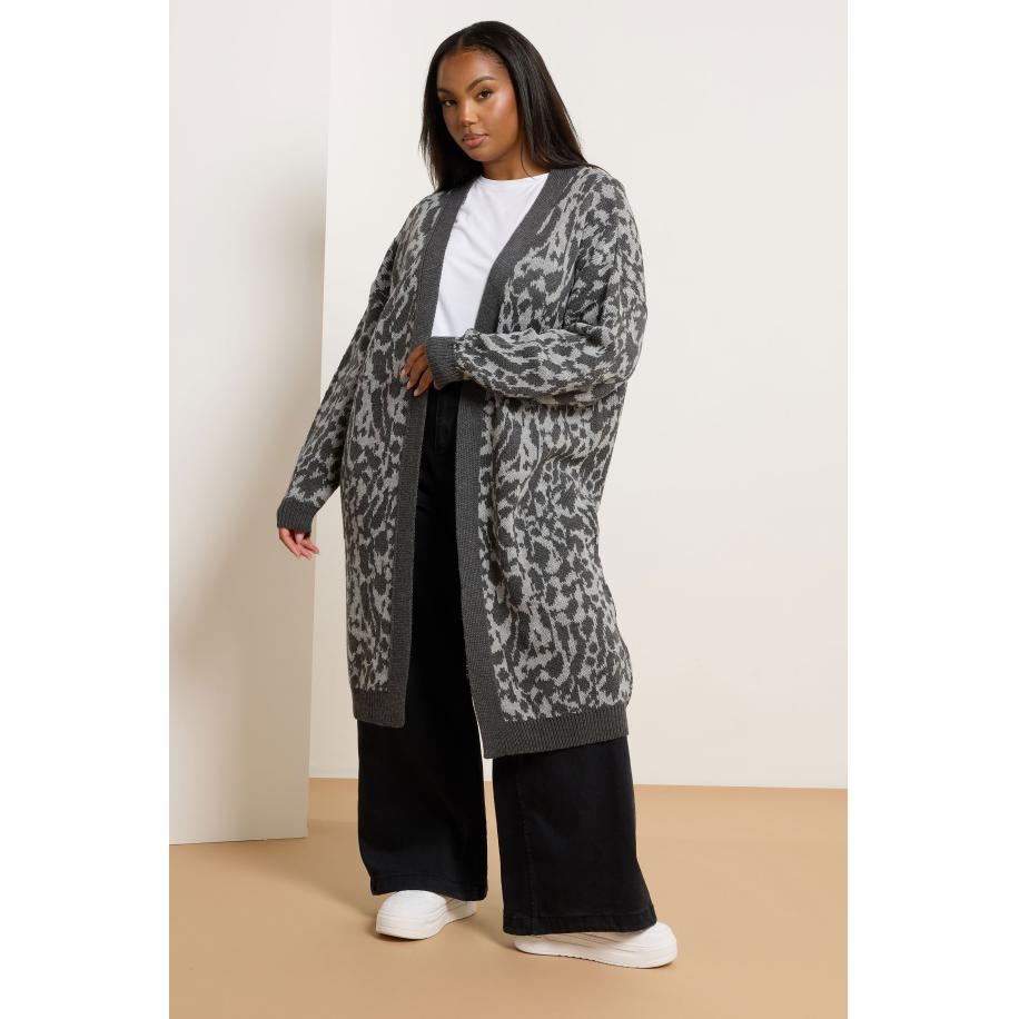 Yours Curve Grijze Luipaardprint Midi Cardigan Size 54-56 Grijs