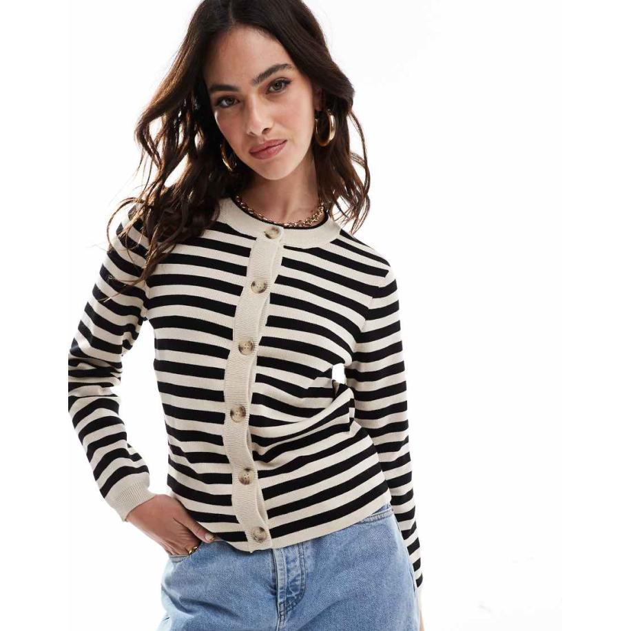 Object Gebreid vest met knopen in crème en zwarte strepen-Wit Wit