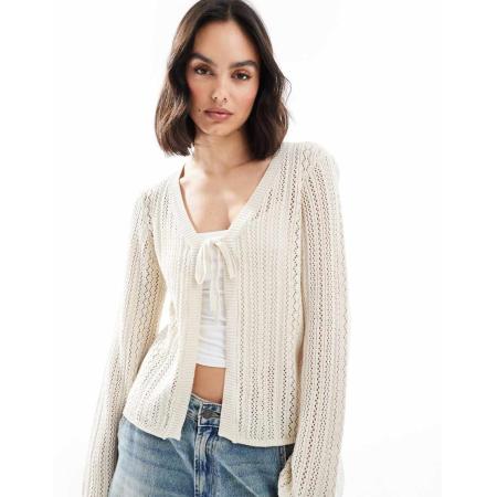 Pieces Gehaakt vest met gestrikte voorkant in crème-Wit