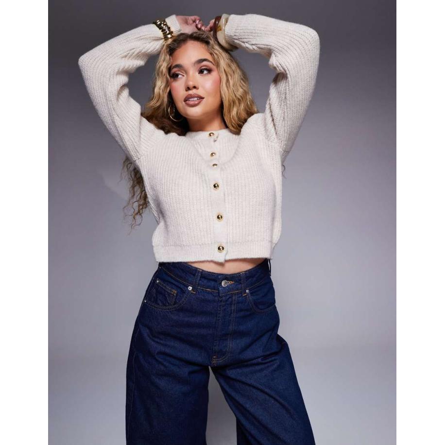 ASOS DESIGN Geribbeld gebreid vest met gouden knopen in gebroken wit Wit