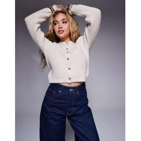 ASOS DESIGN Geribbeld gebreid vest met gouden knopen in gebroken wit