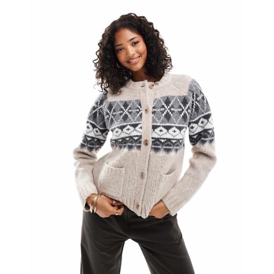 ASOS DESIGN Vest met ronde hals en Fairisle-detail in stone-Neutraal Multicolor