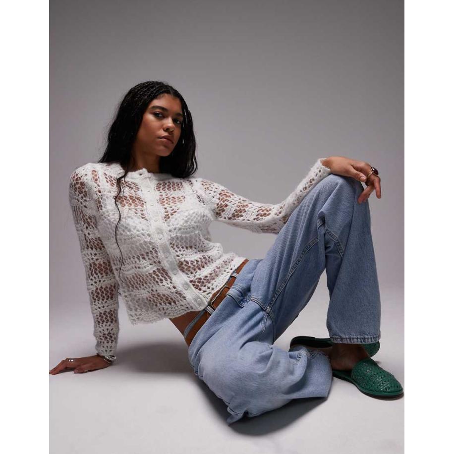 Topshop Ajourgebreid vest met knopen in ivoorwit Wit