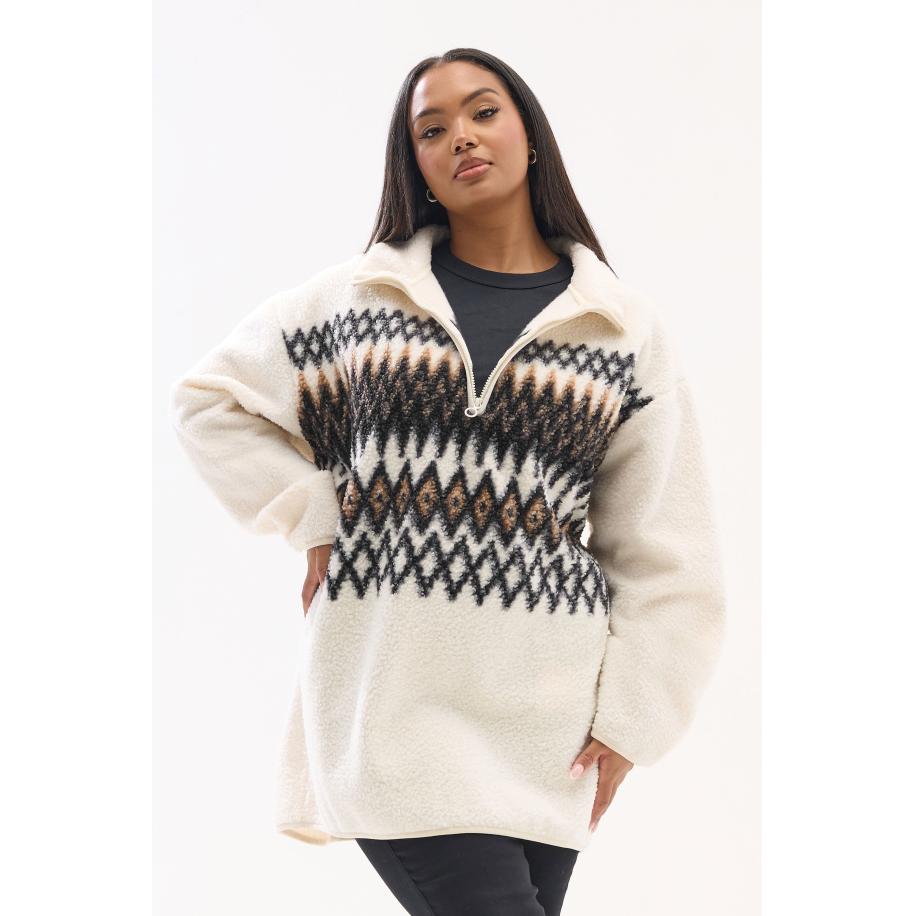 Yours Curve Naturelbruine Fairisle Kwartrits Fleece Size 54-56 Bruin