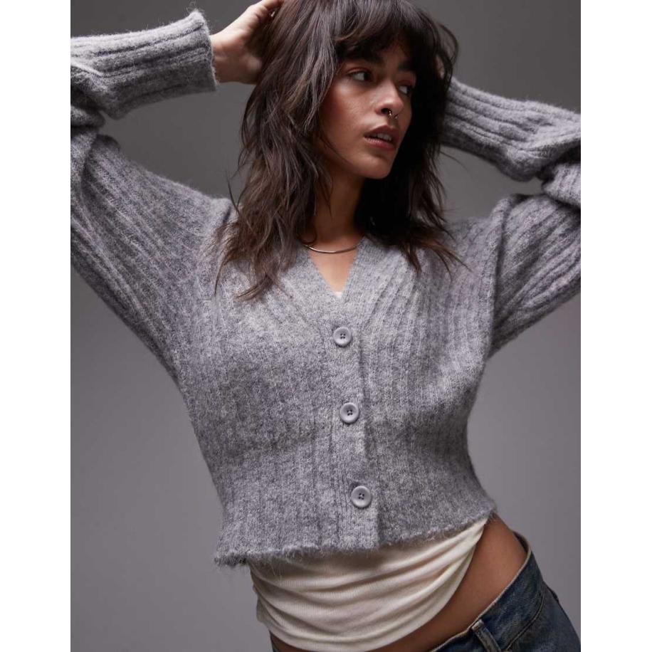 Topshop Gebreid vest met ronde mouwen en V-hals in grijs Grijs