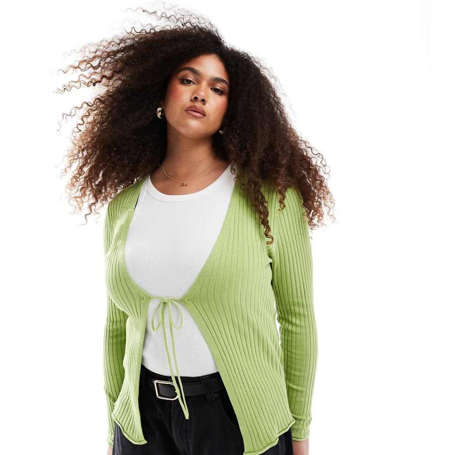 Only Curve Geribbeld vest met gestrikte voorkant in groen Groen