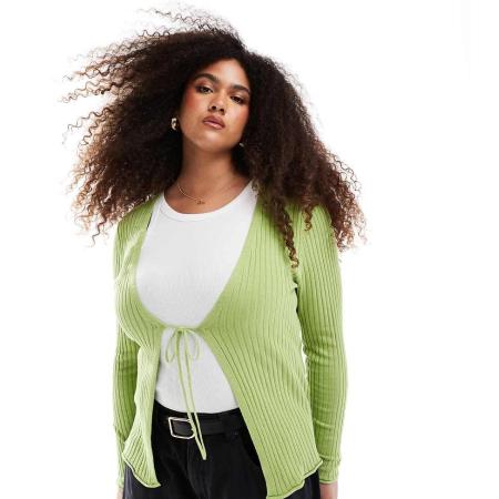 Only Curve Geribbeld vest met gestrikte voorkant in groen