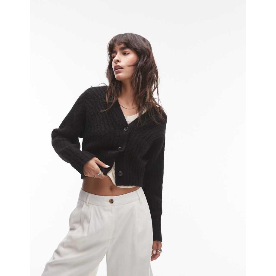 Topshop Gebreid vest met ronde mouwen en V-hals in zwart-Geel Geel