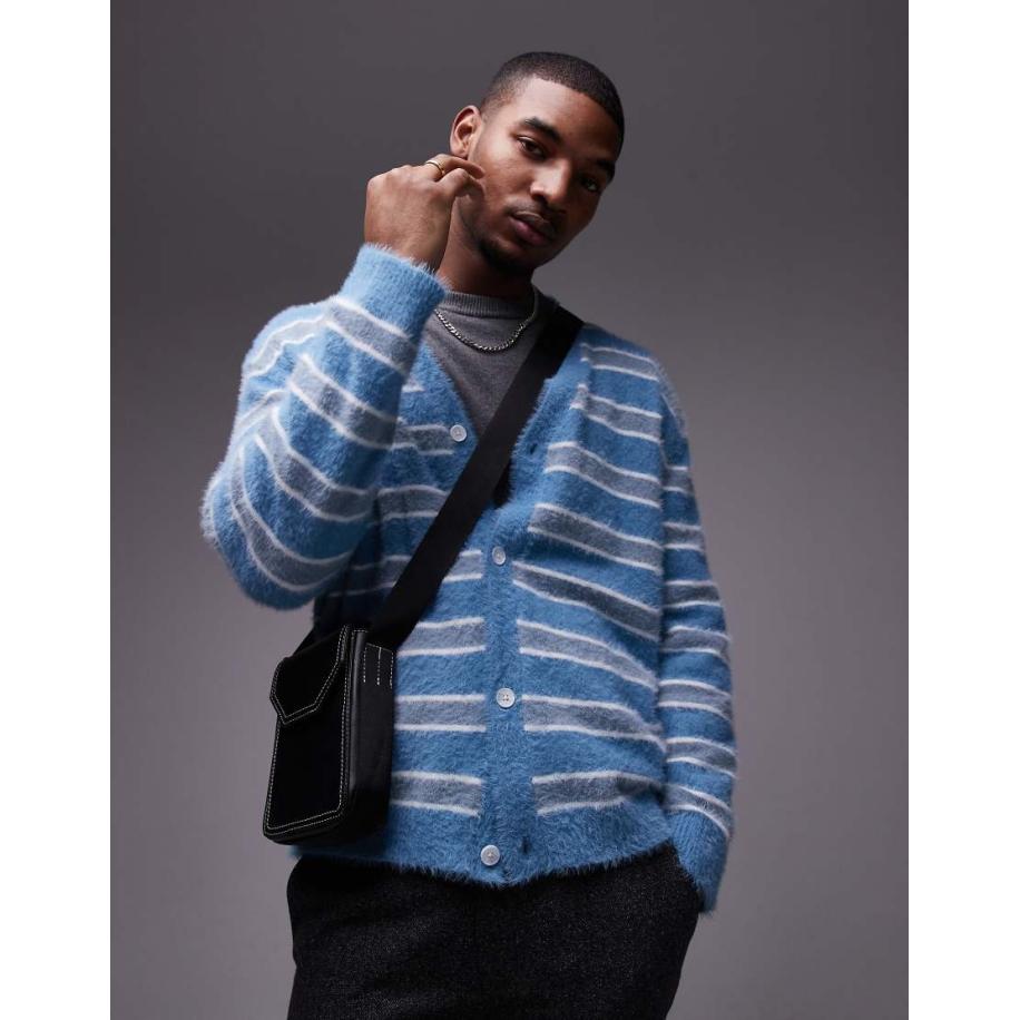 Topman - Ruimvallend geborsteld vest in blauw en wit gestreept Blauw