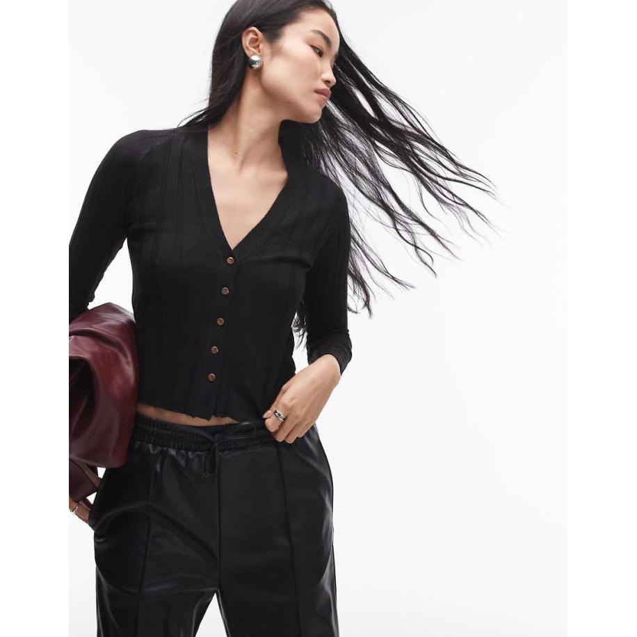 Mango Geribbeld vest met knoopsluiting in zwart Zwart