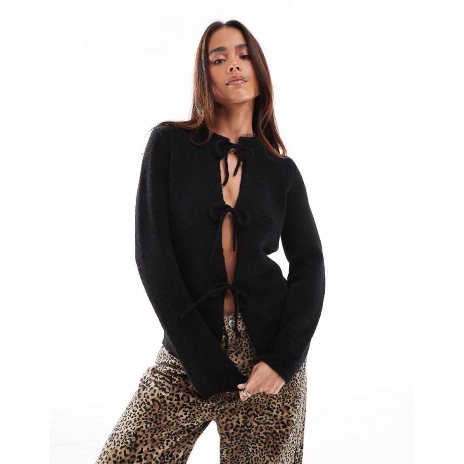 ASOS DESIGN Gebreid oversized vest met gestrikte voorkant in zwart Zwart