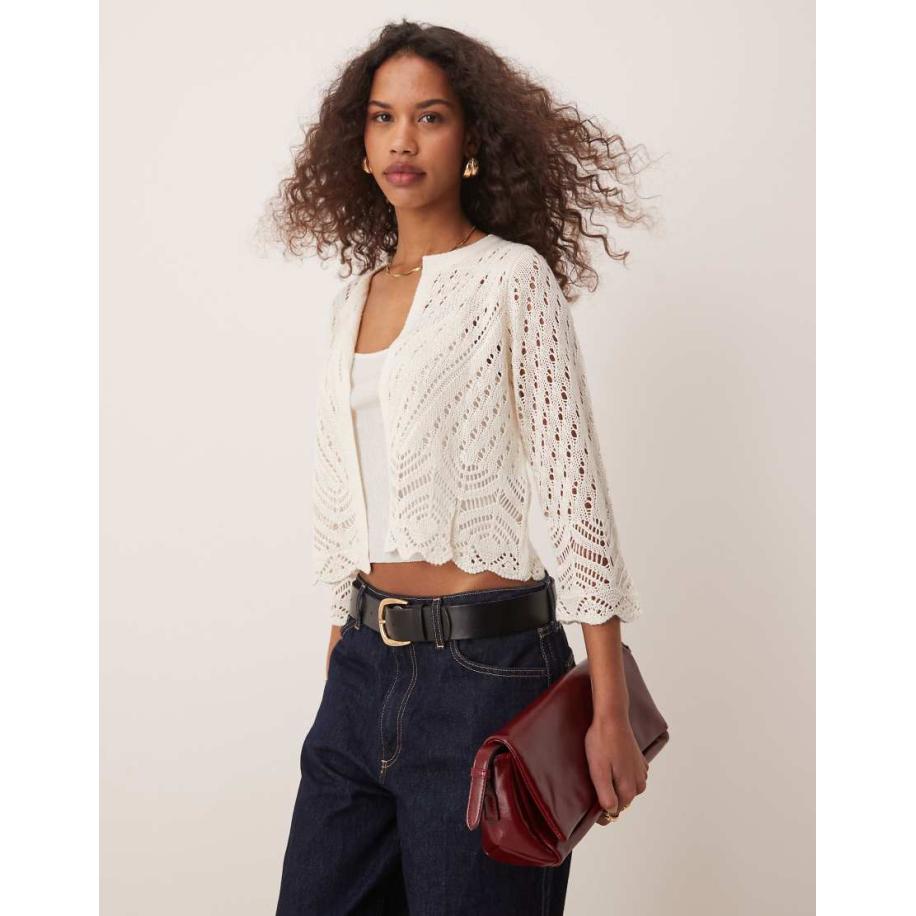 JDY Cropped vest met broderie en 3/4 mouwen in stone-Neutraal Multicolor