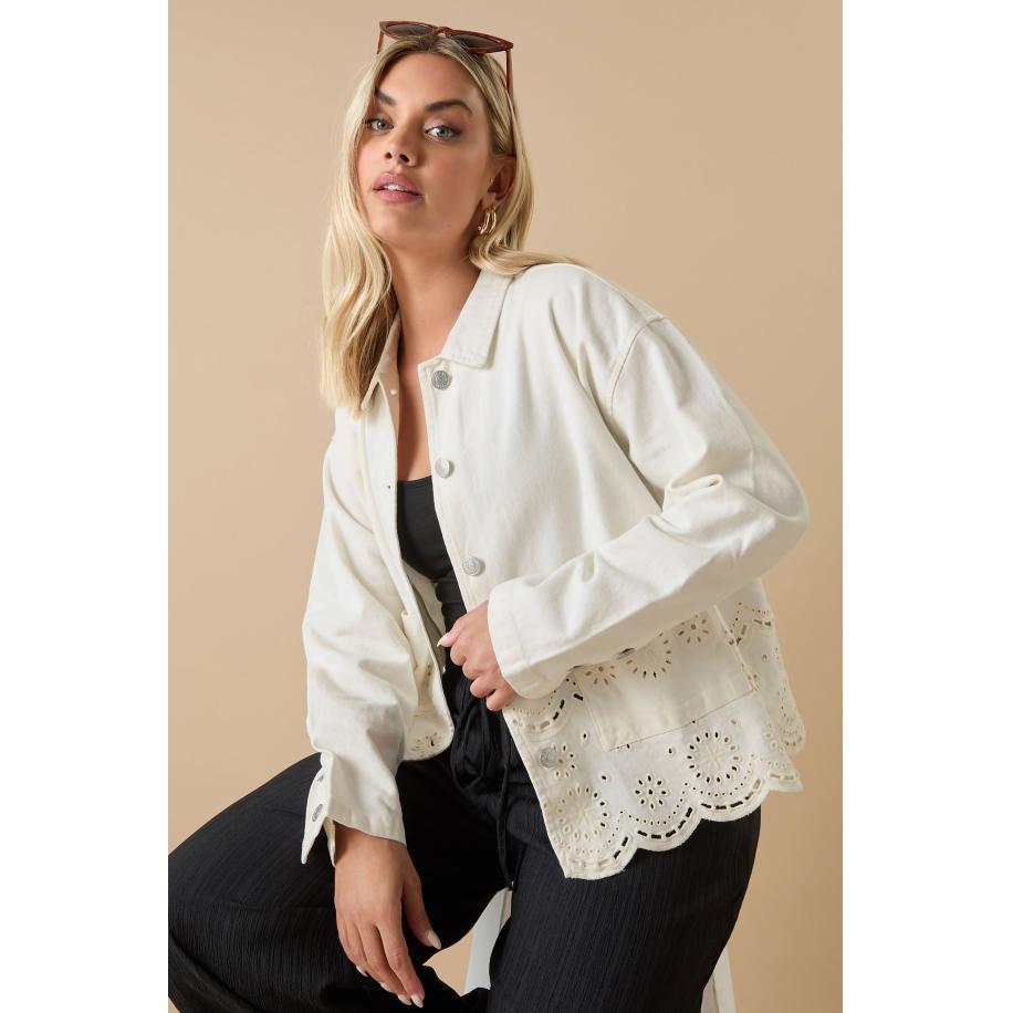 Yours Shacket Van Keperstof Met Broderieontwerp In Ivoor Size 58-60 Wit