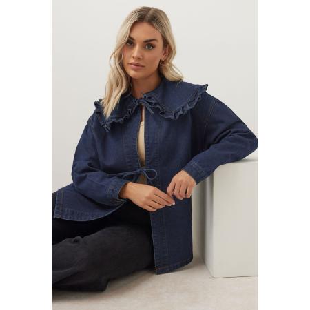 Yours Denim Shacket Met Oversized Kraag En Striksluiting In Indigoblauw Size 50-52