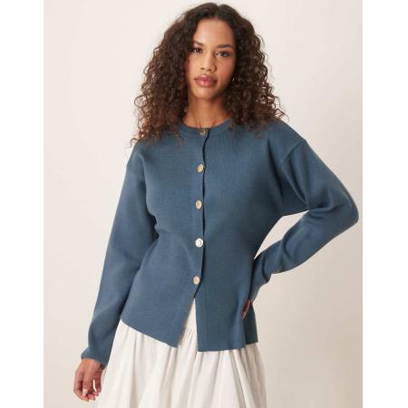 ASOS DESIGN Gebreid vest met structuur, ronde hals en gouden knopen in chocoladebruin-Blauw