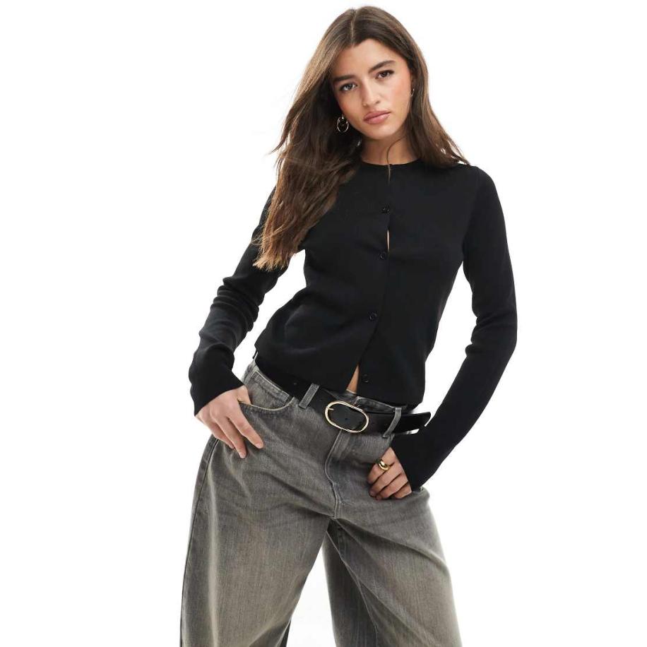 ASOS DESIGN Gebreid vest met ronde hals en knopen in zwart Zwart