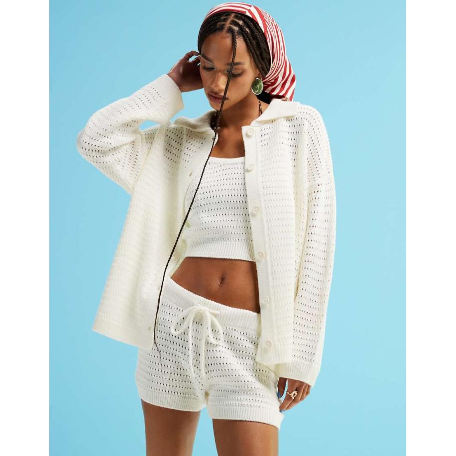 ASOS DESIGN Gebreid vest met kraagje en steken in crème, deel van co-ord set-Wit Wit