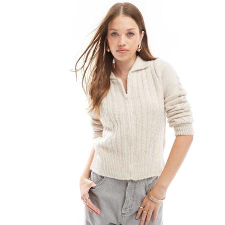 ASOS DESIGN Vest met mini kabels en rits in crème-Neutraal