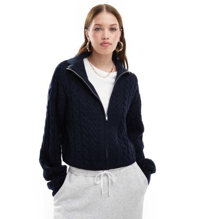 Miss Selfridge Cropped vest met kabels en rits in marineblauw