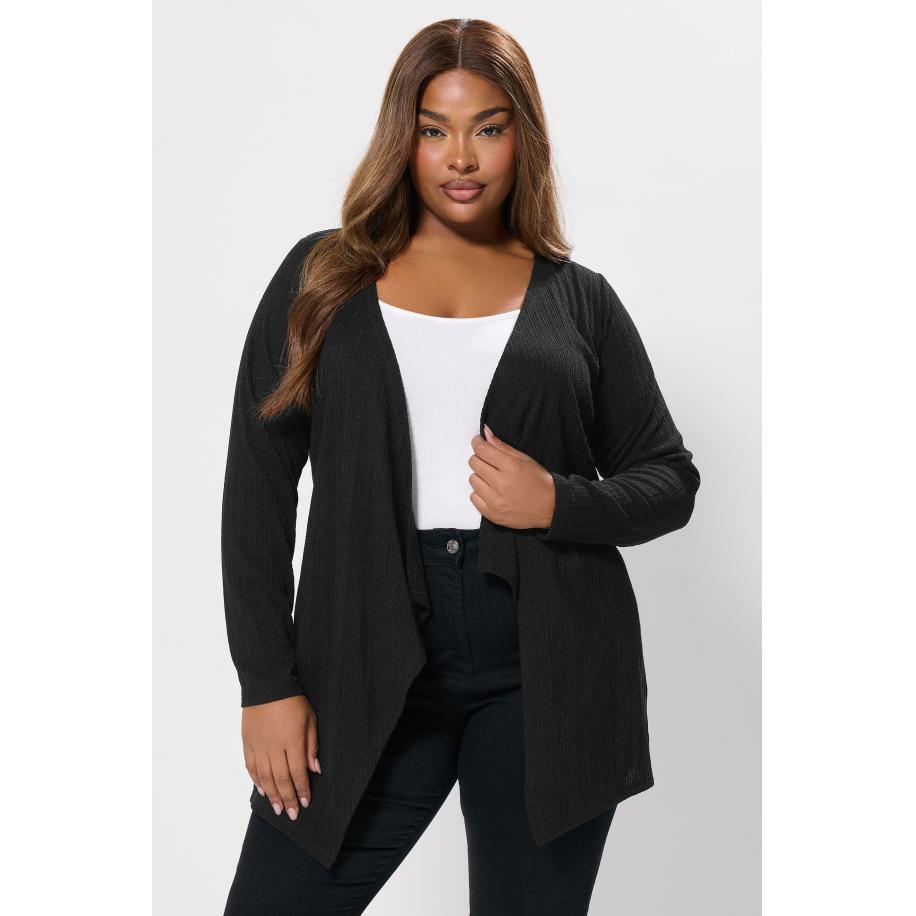 Yours Curve Zwarte Geribbelde Waterval Cardigan Size 66-68 Zwart