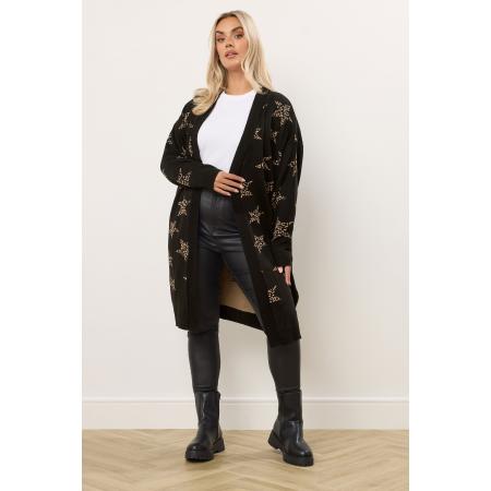 Yours Curve Zwarte Luipaard Sterrenprint Midi Cardigan Size 54-56